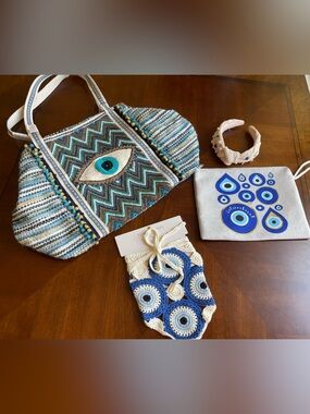 NWT everything evil eye lot of four tote, bandana, hair accessory and makeup bag